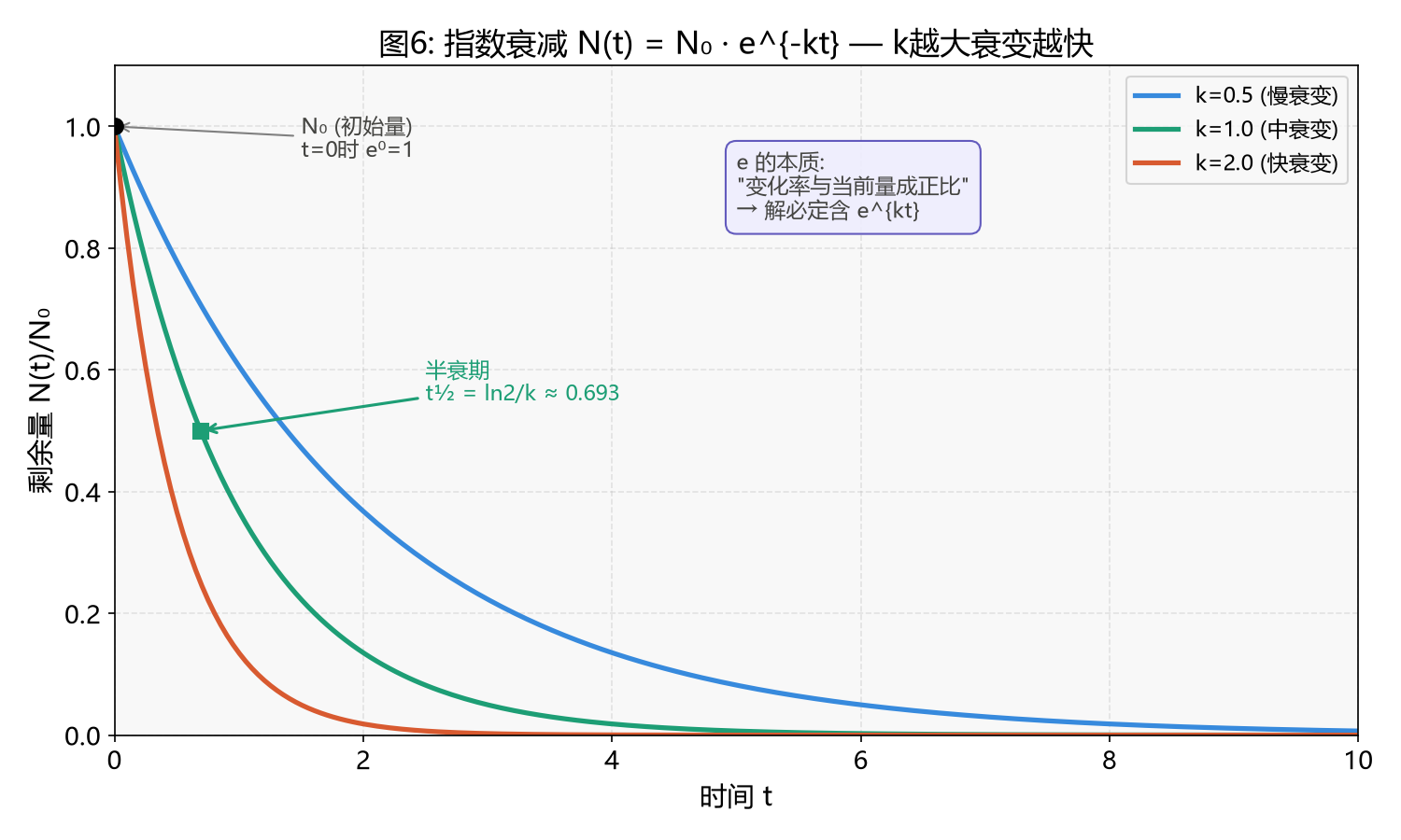 图6:指数衰减 e^{-kt} 的形态